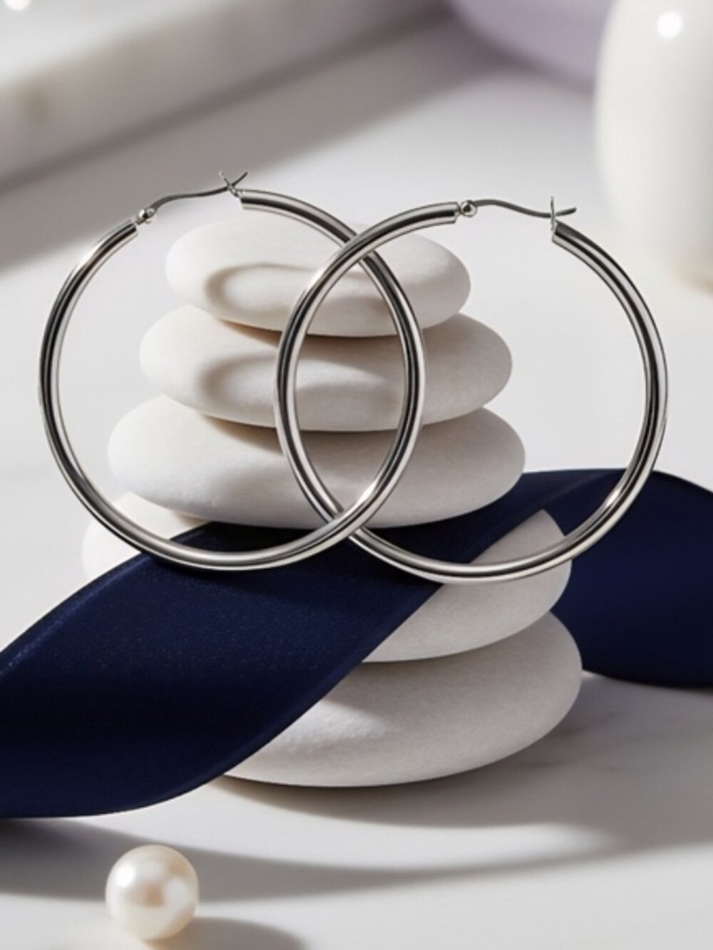 Silver Round Hoop Earrings Large 2" White Gold Plated Stainless Steel Minimalist - Picture 10 of 15
